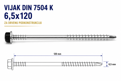 VIJAK DIN 7504 K 6,5x120 ZA DRVENU PODKONSTRUKCIJU